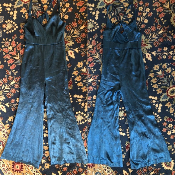 Free People Satin Jumpsuit Open Back X Cross Flare - Picture 4 of 7
